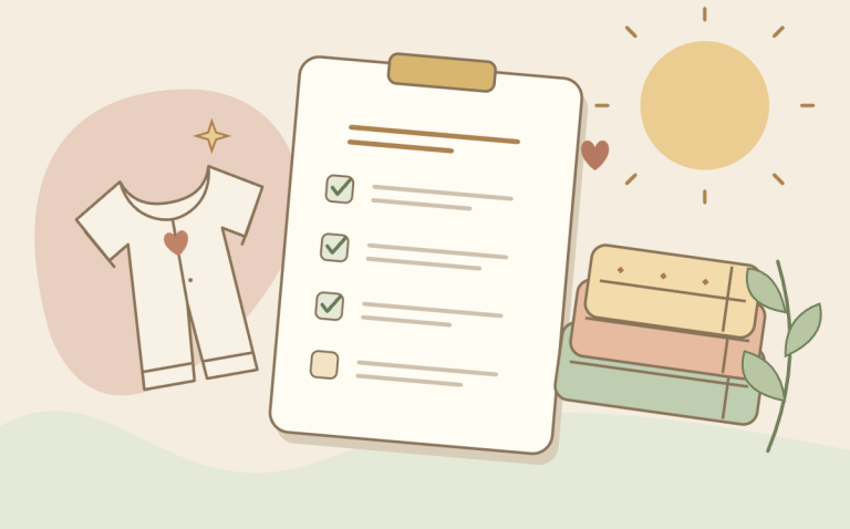 Illustration of a newborn checklist, sleepsuit and folded muslins in soft cream, peach and sage.
